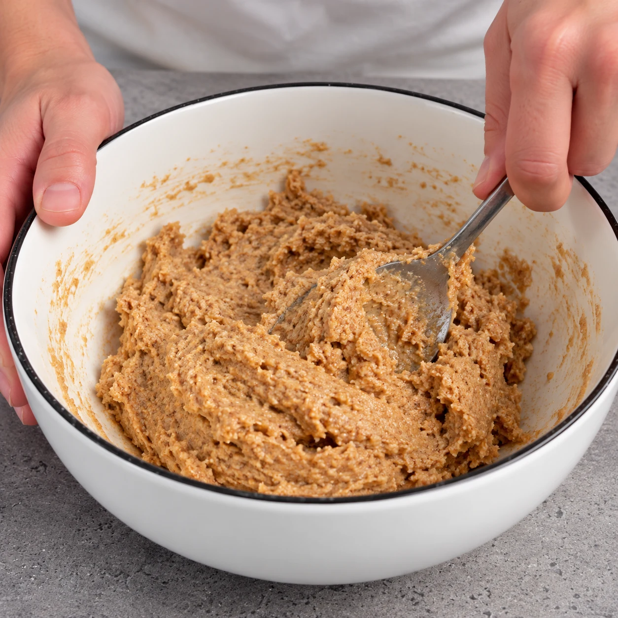 Mélange à la cuillère pour réunir les poudres et les ingrédients humides en une pâte. État à montrer : La pâte se rassemble et les poches de poudre sèche ont disparu.