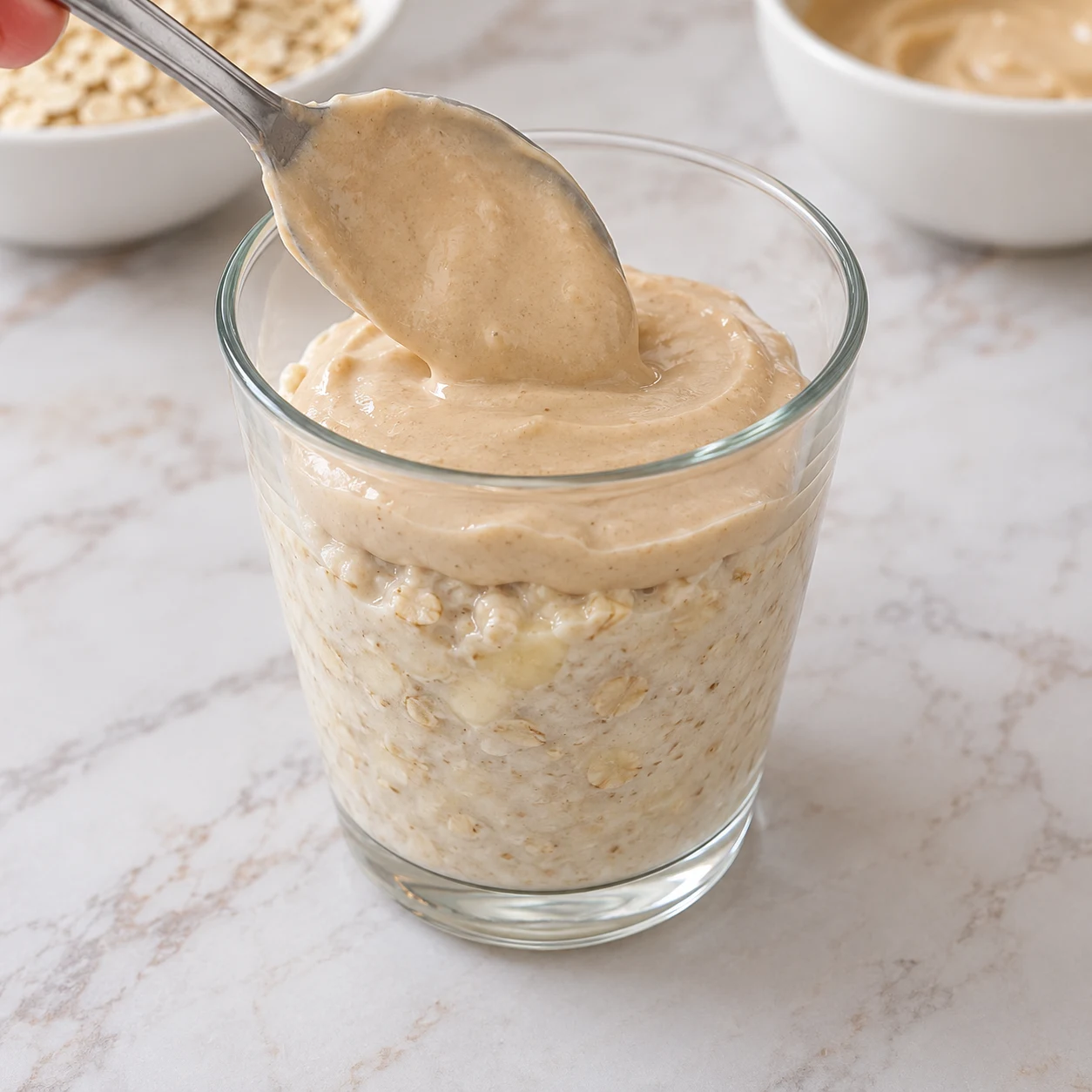 Cuillère déposant la crème beige au-dessus de la base dans le verre, aucune banane ni cacahuète en surface.
