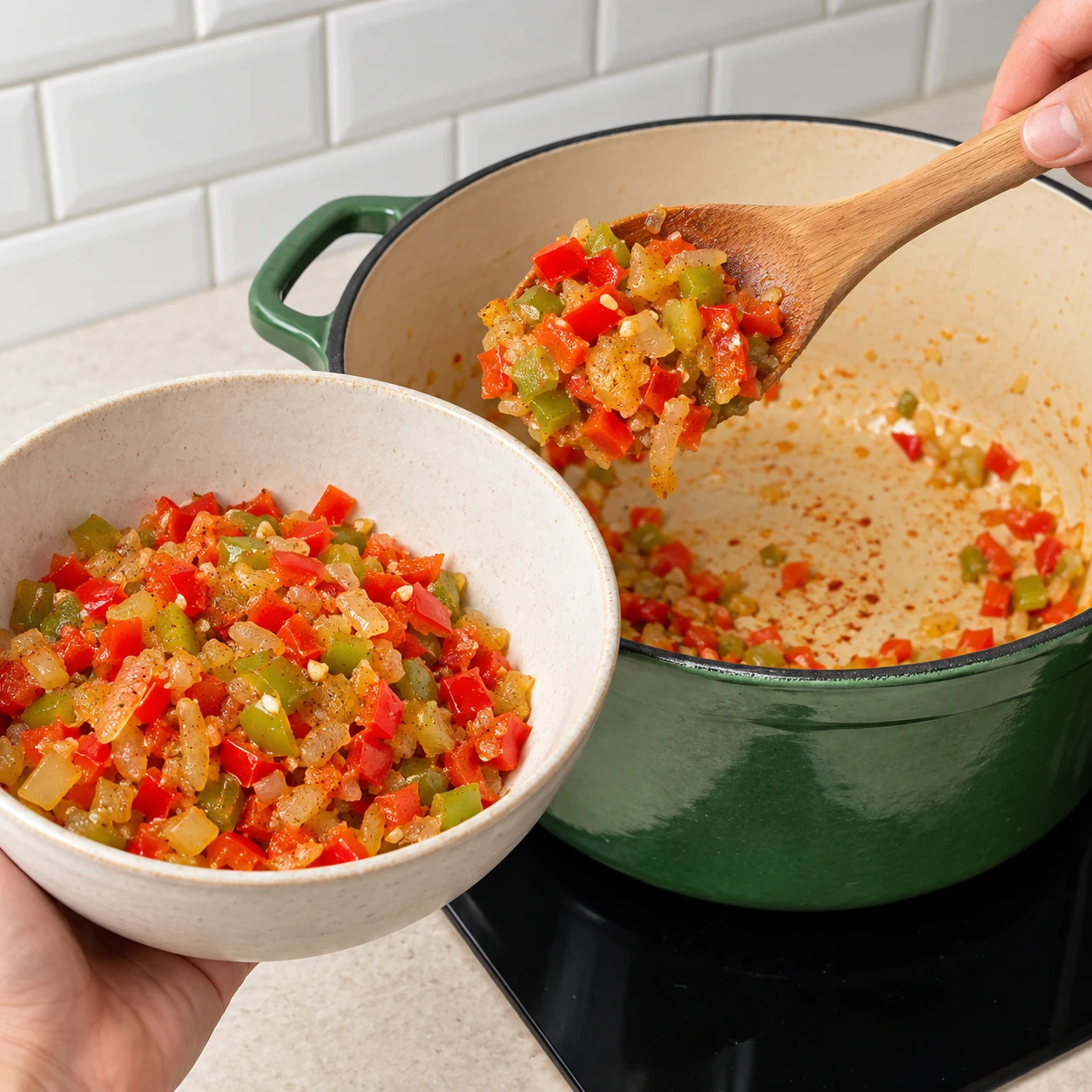 Transfert à la cuillère des légumes cuits vers un bol neutre.