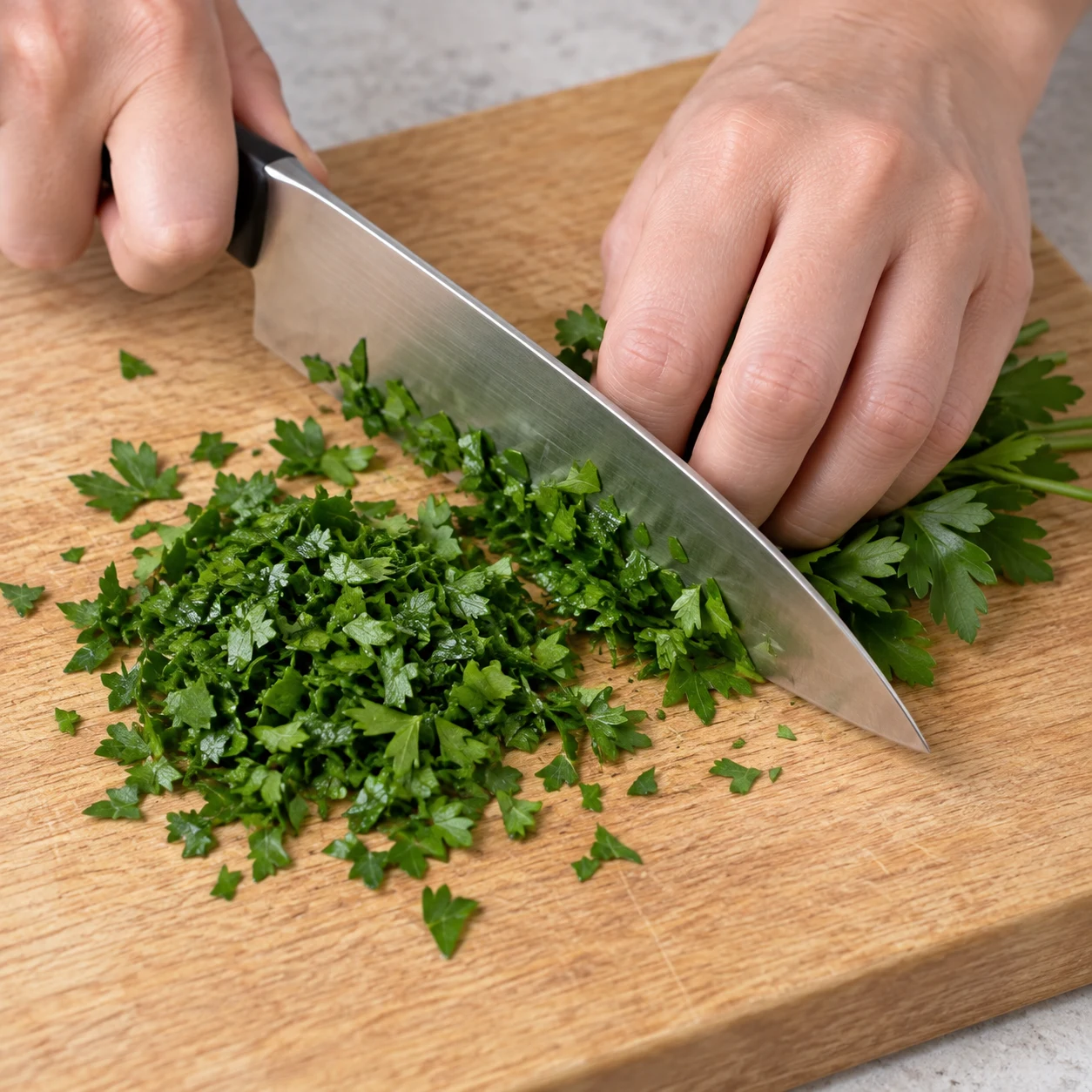Hacher la poignée de persil frais sur une planche stable. Montrer seulement les ingrédients de cette phase, dans une mise en scène claire et anonyme.