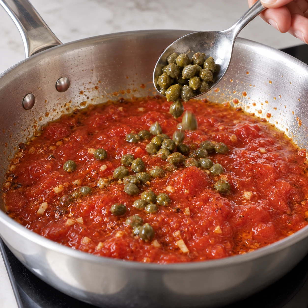 Cuillère de câpres versée dans la sauce rouge de la poêle.