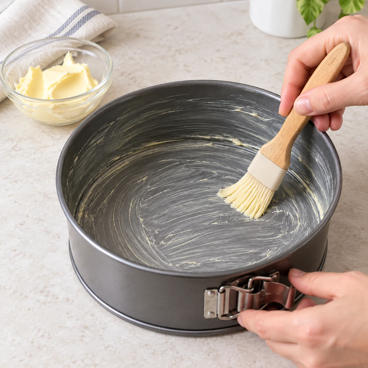 Une main anonyme applique une fine couche de margarine végétale au pinceau dans un moule à charnière.