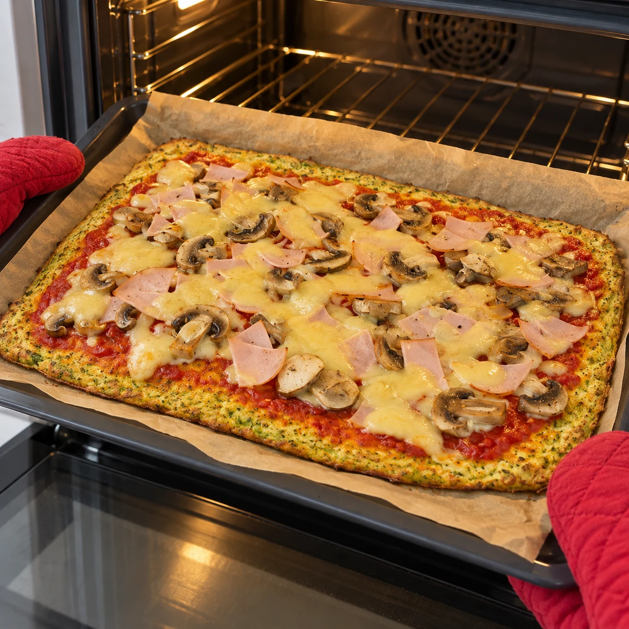 Pizza rectangulaire brocoli garnie tomate, lamelles de champignons, morceaux plats de jambon végétal et lanières végétales jaunes fondu, plaque sur papier cuisson.