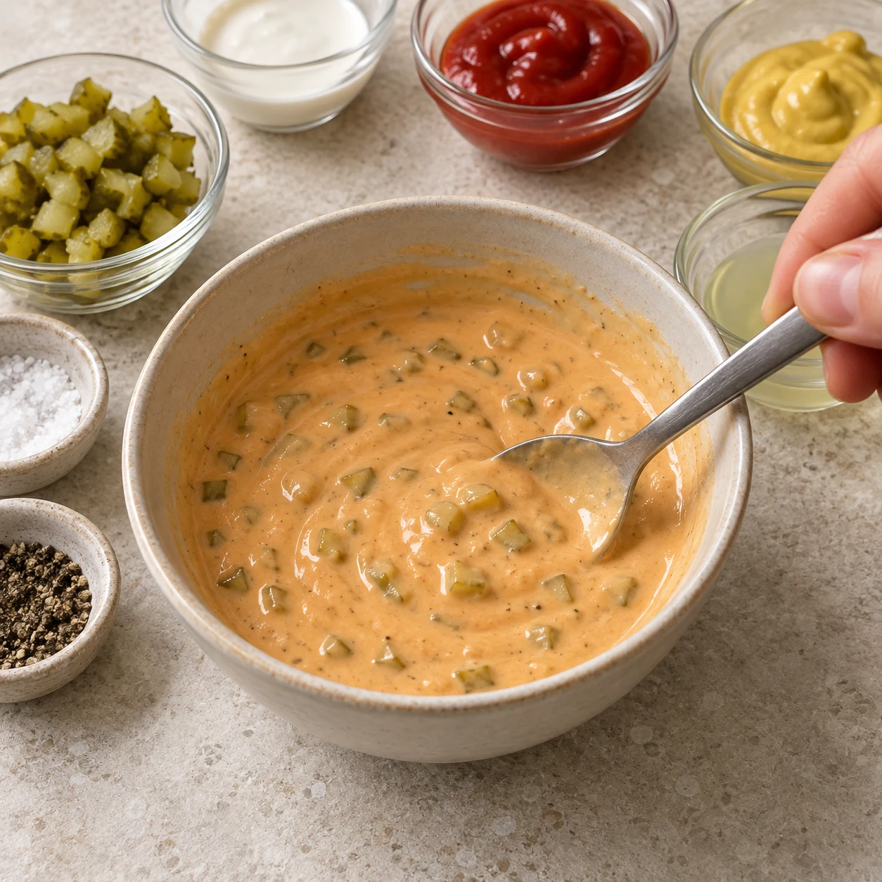 Sauce fluide orangée de crème de soja, ketchup et moutarde, avec petits morceaux verts de cornichons dans un bol, cuillère qui mélange.