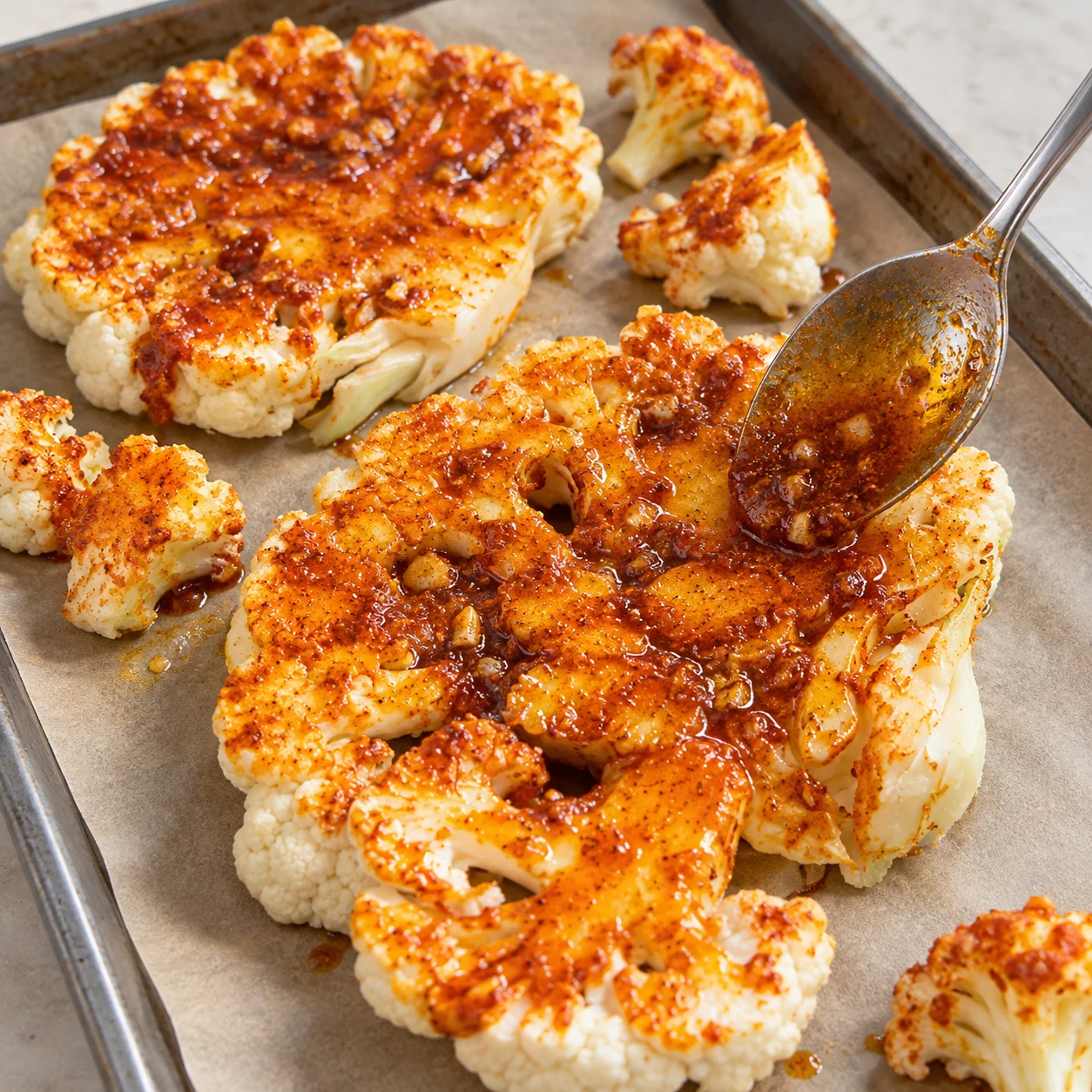 Enrober le chou-fleur : Les surfaces du chou-fleur sont recouvertes de marinade.