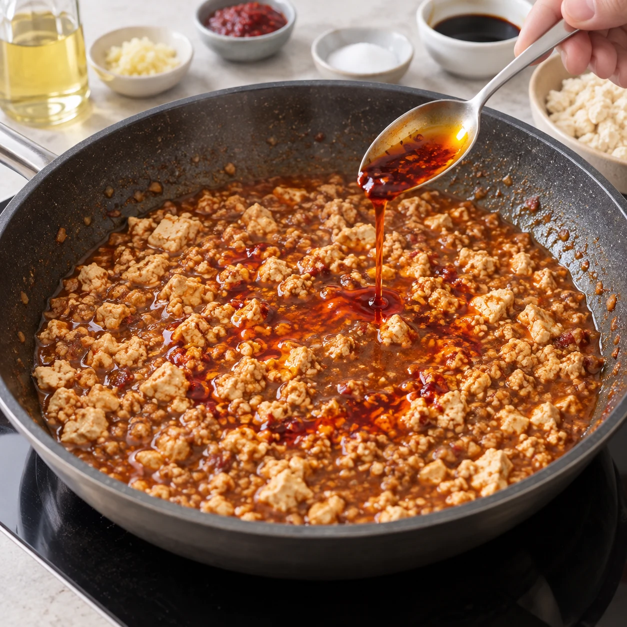 Cuillère versant huile pimentée dans sauce et tofu émietté, sans tofu.