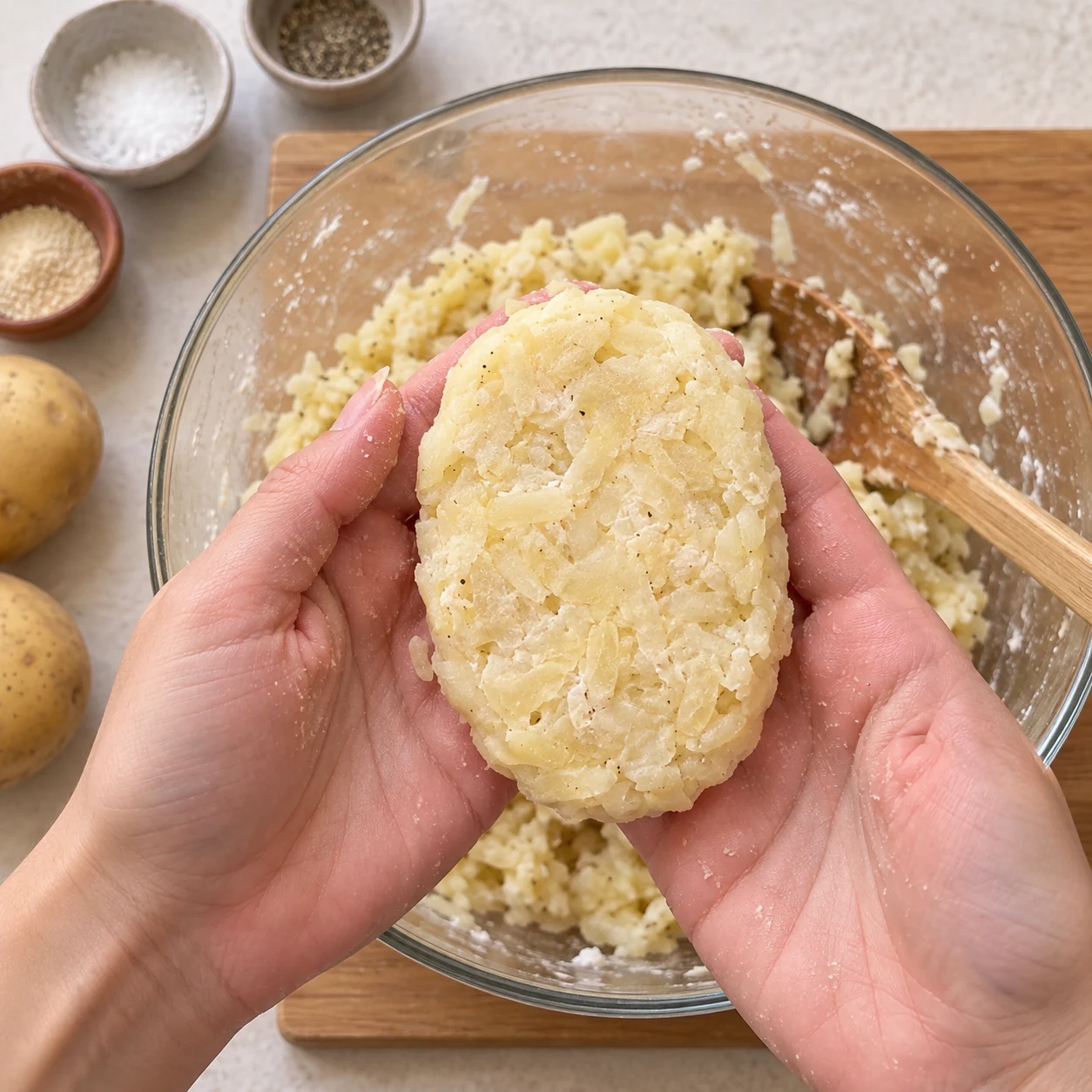 Deux mains adultes anonymes sans bijoux forment une galette ovale crue de copeaux de pomme de terre pâles au-dessus du saladier.