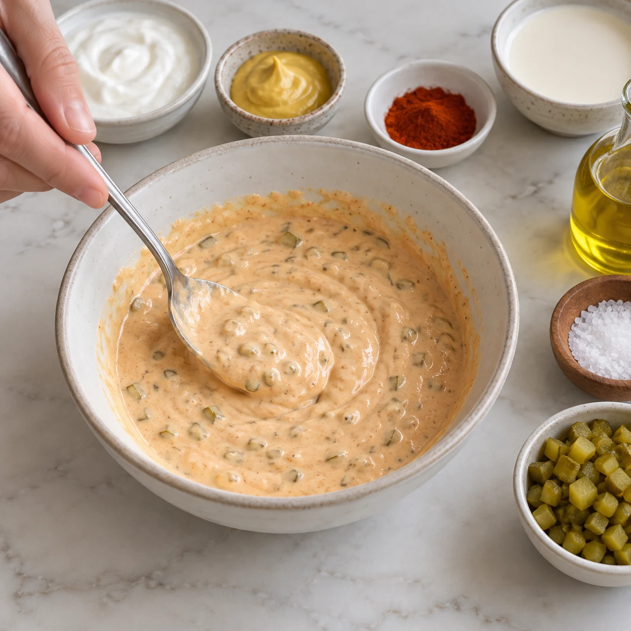 Une image carrée de l’action « Mélanger la sauce burger », avec seulement les ingrédients autorisés à cette étape, dans leur état réel. La sauce est homogène et onctueuse, avec les cornichons répartis. Mains anonymes si le geste le nécessite, aucun visage ni texte.