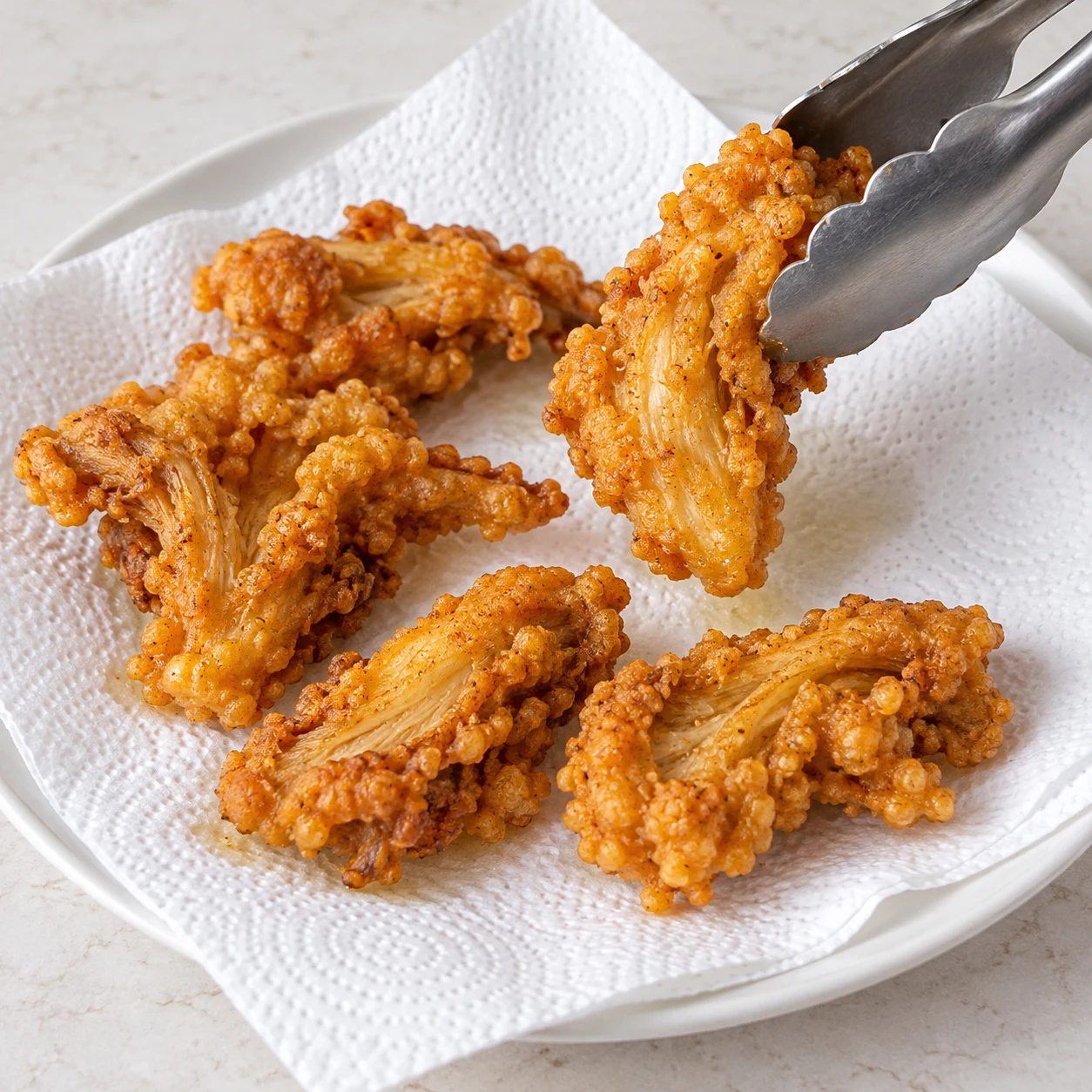 Pince déposant les nuggets de pleurotes dorés sur du papier absorbant blanc, aucun autre ingrédient.