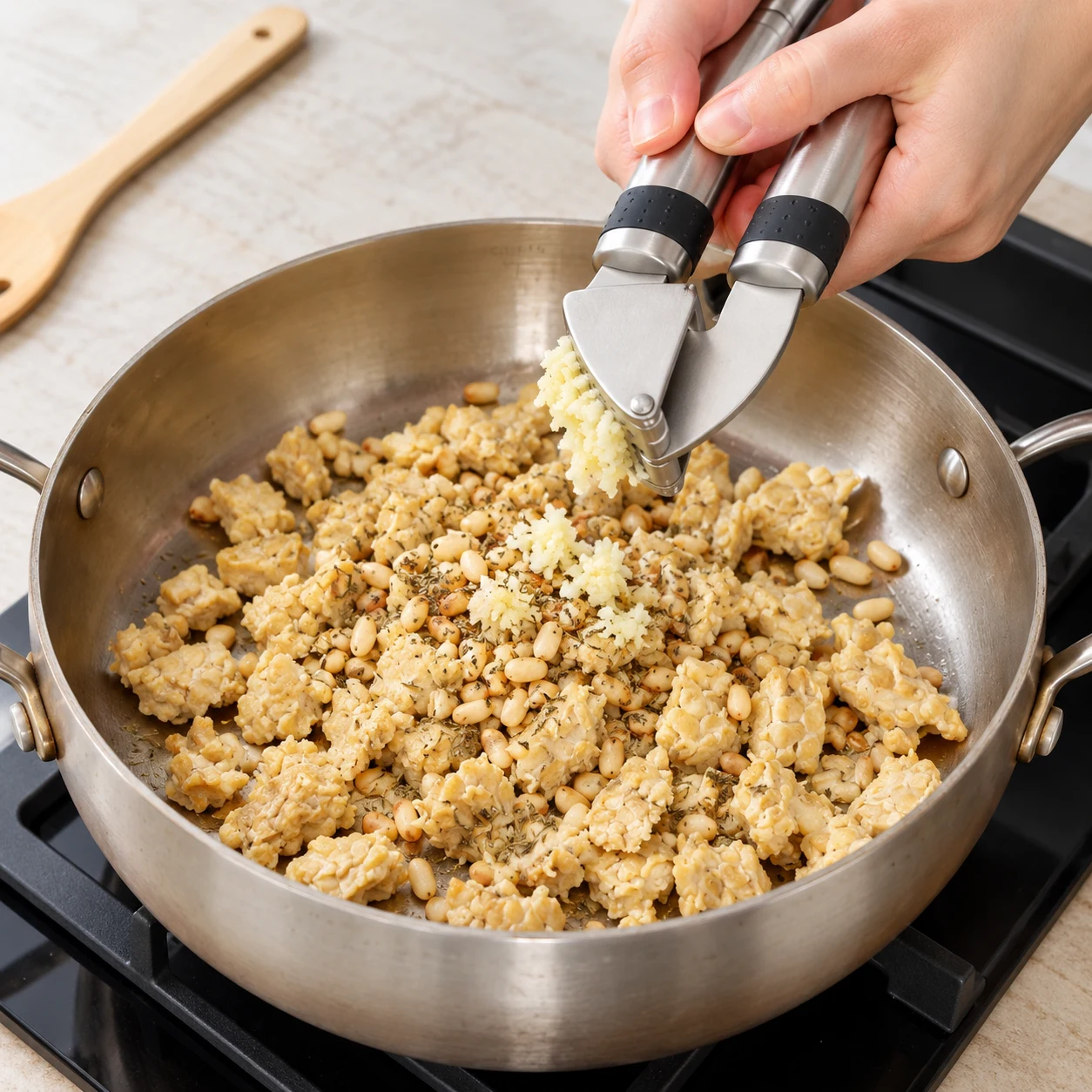 Deux mains adultes anonymes actionnent un presse-ail tenu au-dessus d’une poêle de tempeh, thym et pignons. Aucun ingrédient de sauce encore.