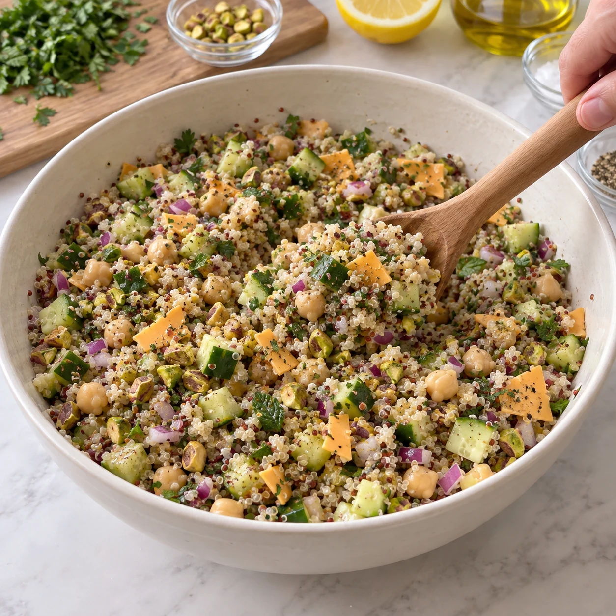 Mélanger la salade ; Les grains, légumes, pois chiches, pistaches et herbes sont répartis uniformément.