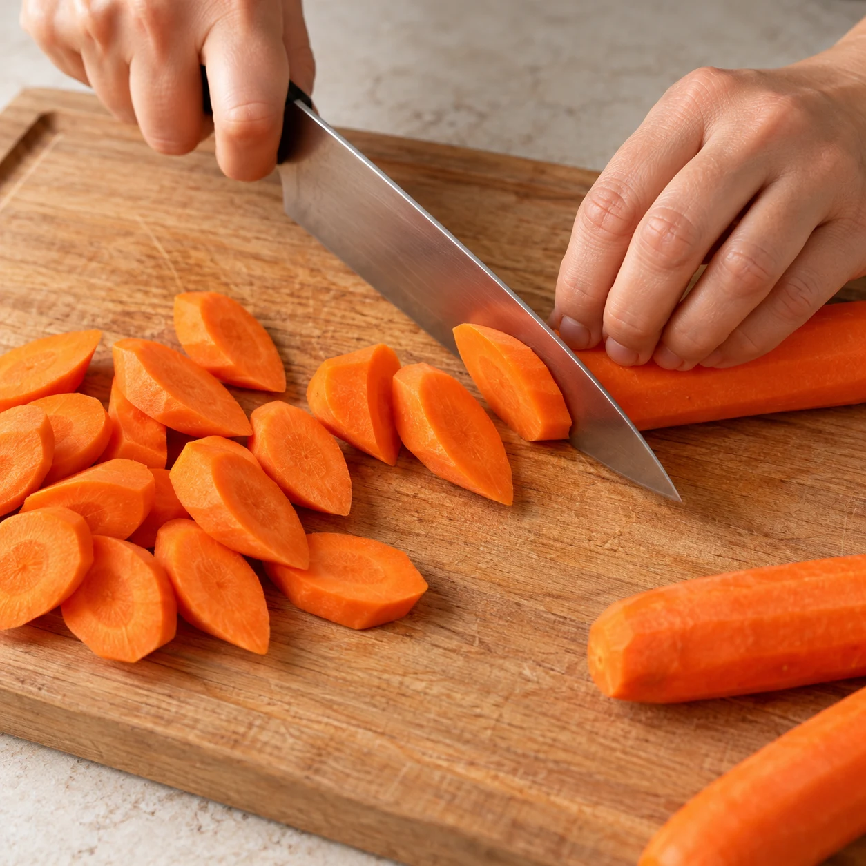 Couper les carottes en biseaux : Les carottes sont découpées en biseaux réguliers comme dans la recette d’origine.