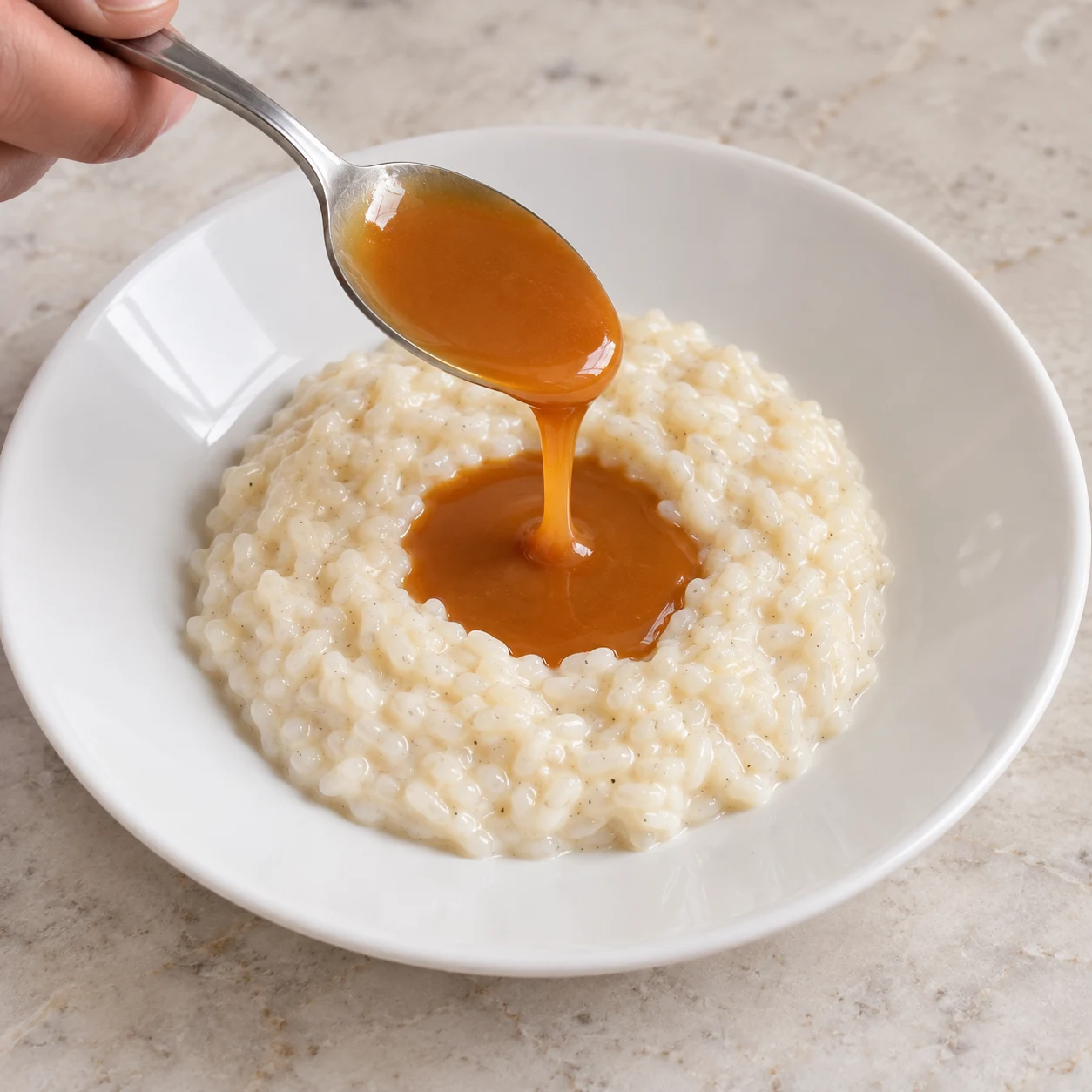 Caramel ambré versé dans le puits central du riz crémeux.