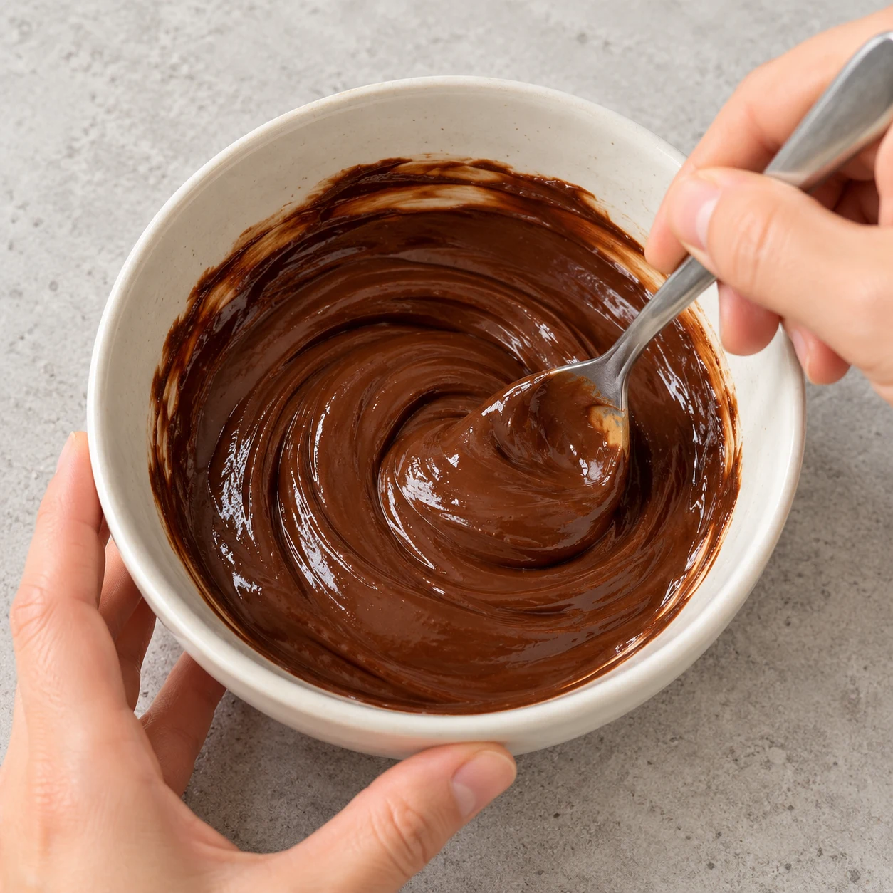 Petit bol neutre où une cuillère mélange du chocolat noir fondu et du beurre de cacahuète ; crème brun sombre, sans avoine.