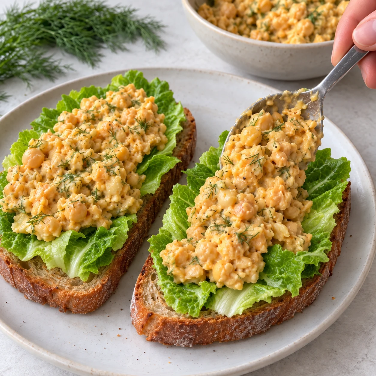 Cuillère déposant des pois chiches écrasés crémeux beiges légèrement orangé à l’aneth sur un toast couvert de salade, sans oignon à ce stade.
