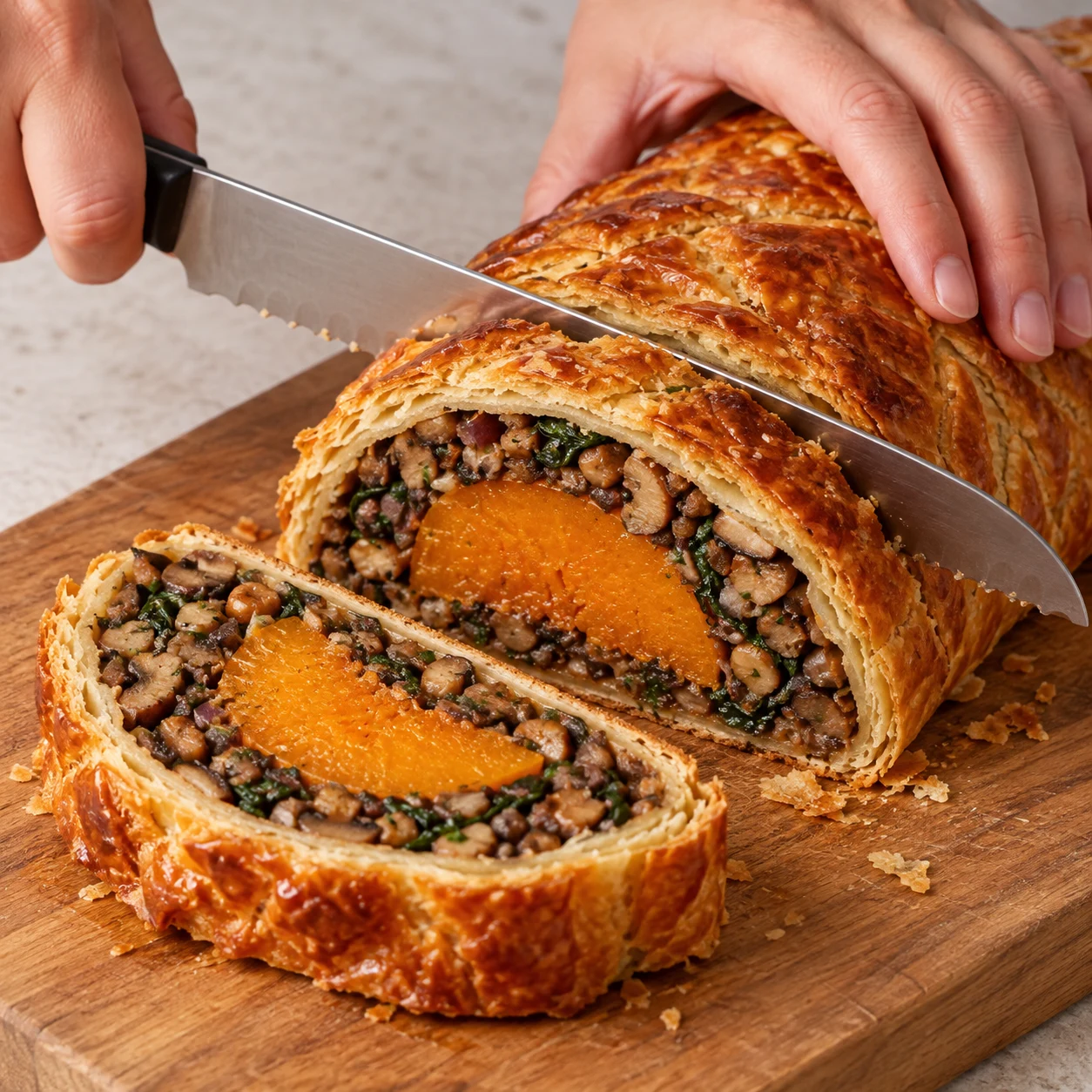 Un couteau découpe le Wellington cuit en tranches, sans sauce ni fromage dans la farce ; mains anonymes éloignées de la lame.