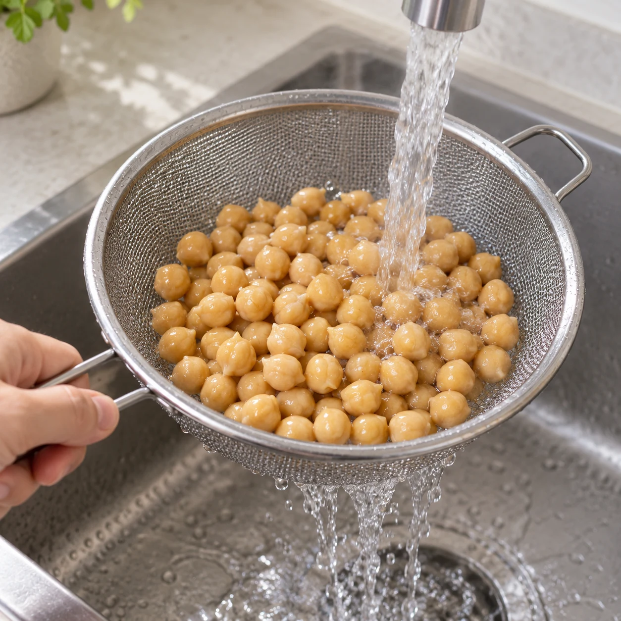 Rince les 150 g de pois chiches cuits dans une passoire.