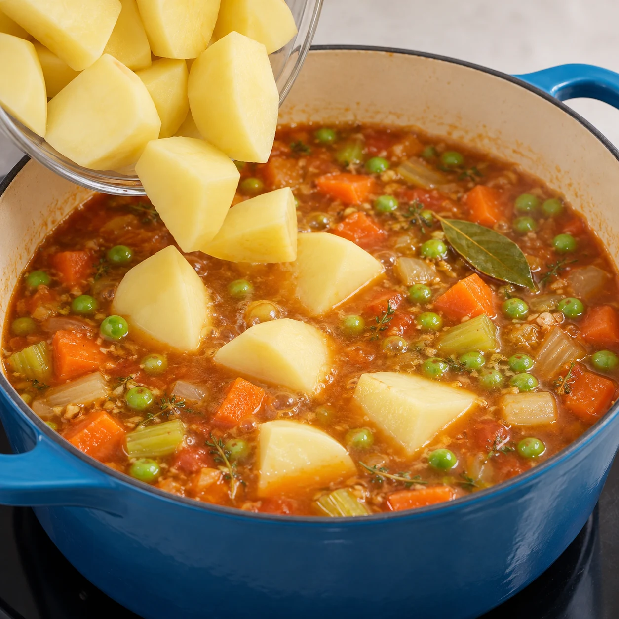 Gros morceaux de pommes de terre ajoutés dans la cocotte.