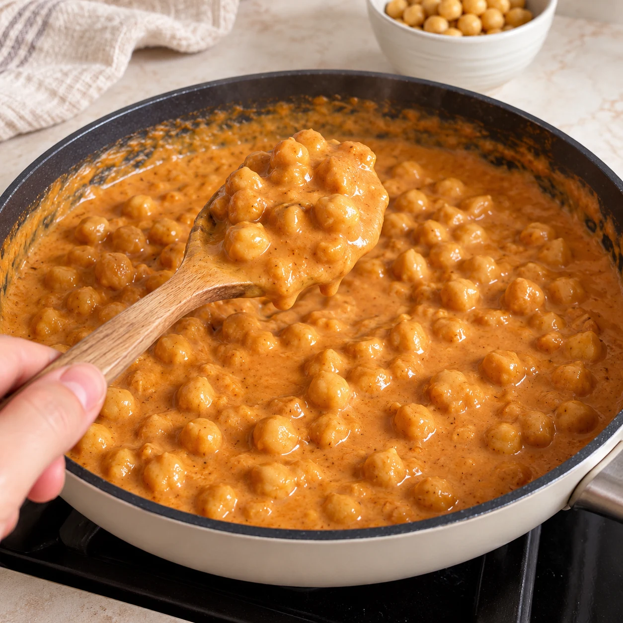 Pois chiches enrobés d’une sauce orangée épaisse et crémeuse soulevés à la cuillère au-dessus d’une poêle.