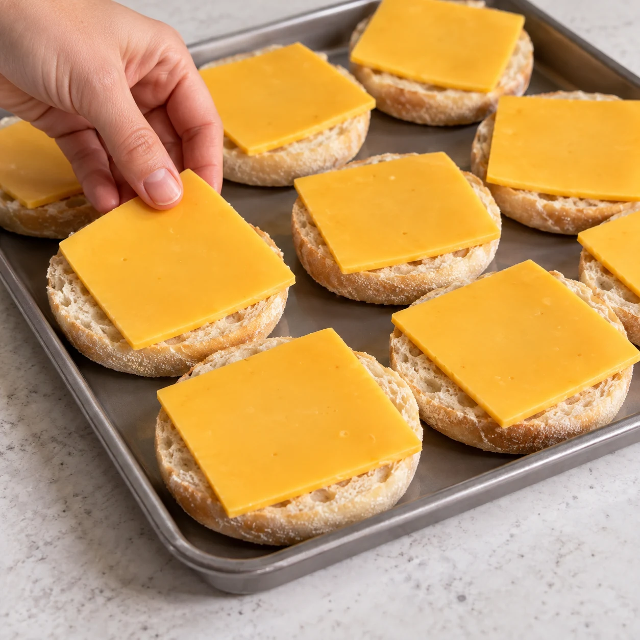 Répartir les 200 g de fromage végétal en dix portions et couvrir chaque moitié de muffin.