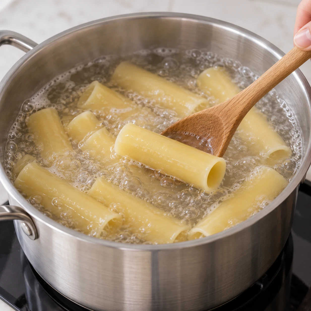 Tubes de cannelloni pâles dans une casserole d’eau bouillante, sans farce ni tomate.