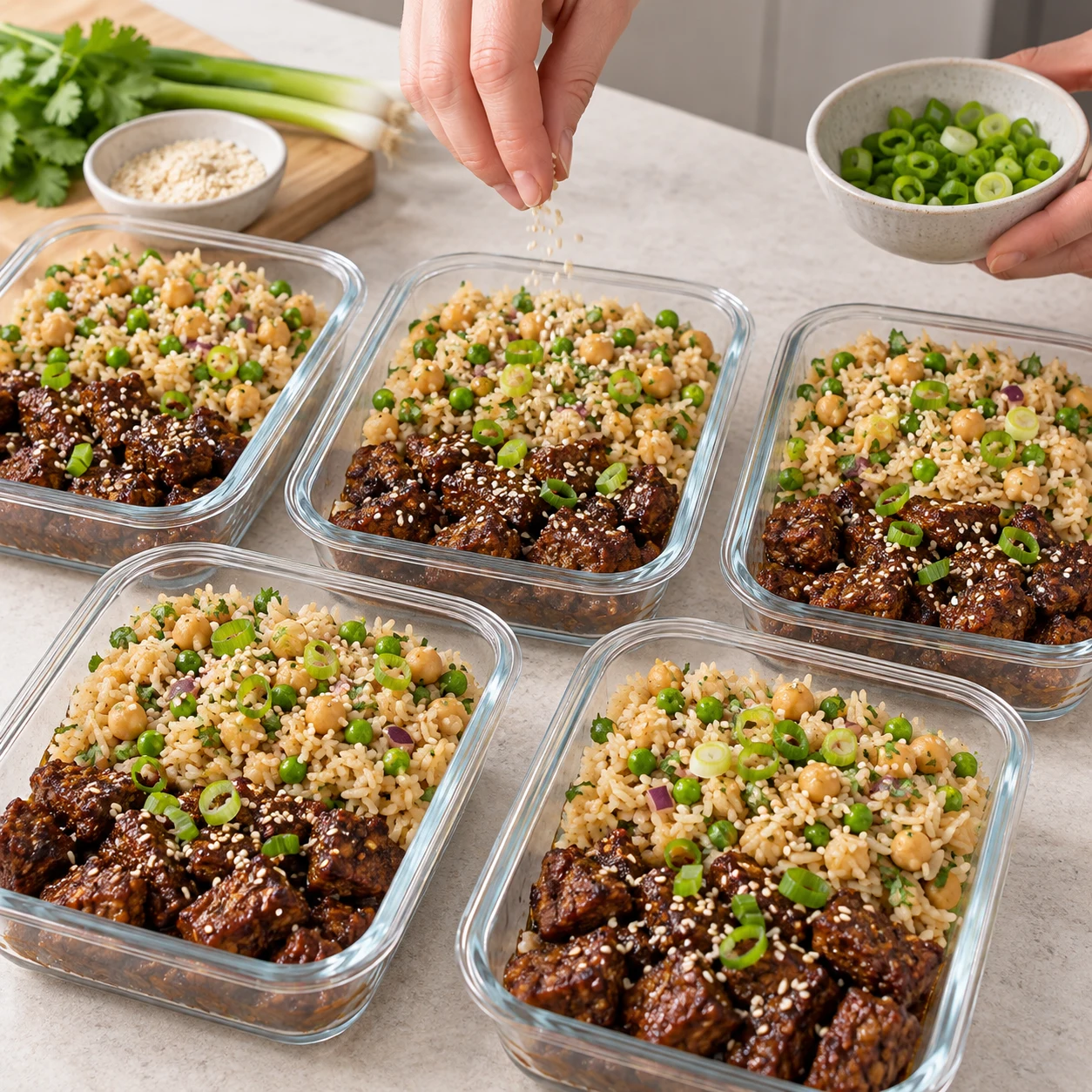 Parsemer de sésame et de cébette : Le sésame couvre légèrement les bouchées et les rondelles de cébette restent visibles.