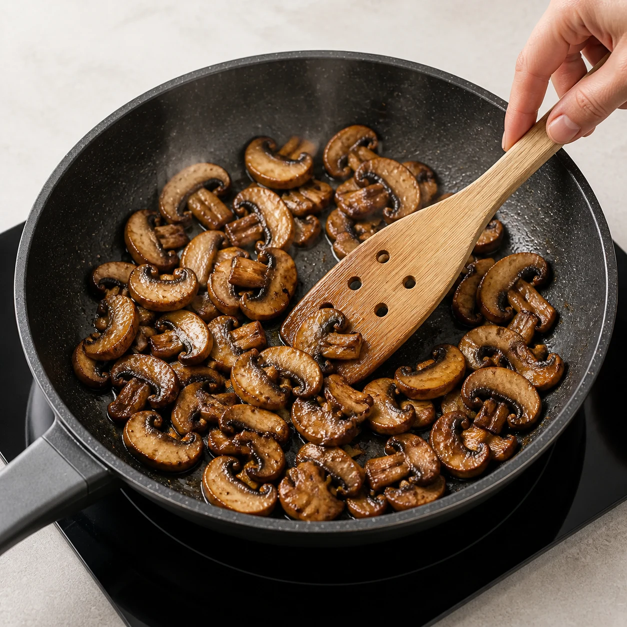 Champignons de Paris émincés sautés et dorés dans une poêle.