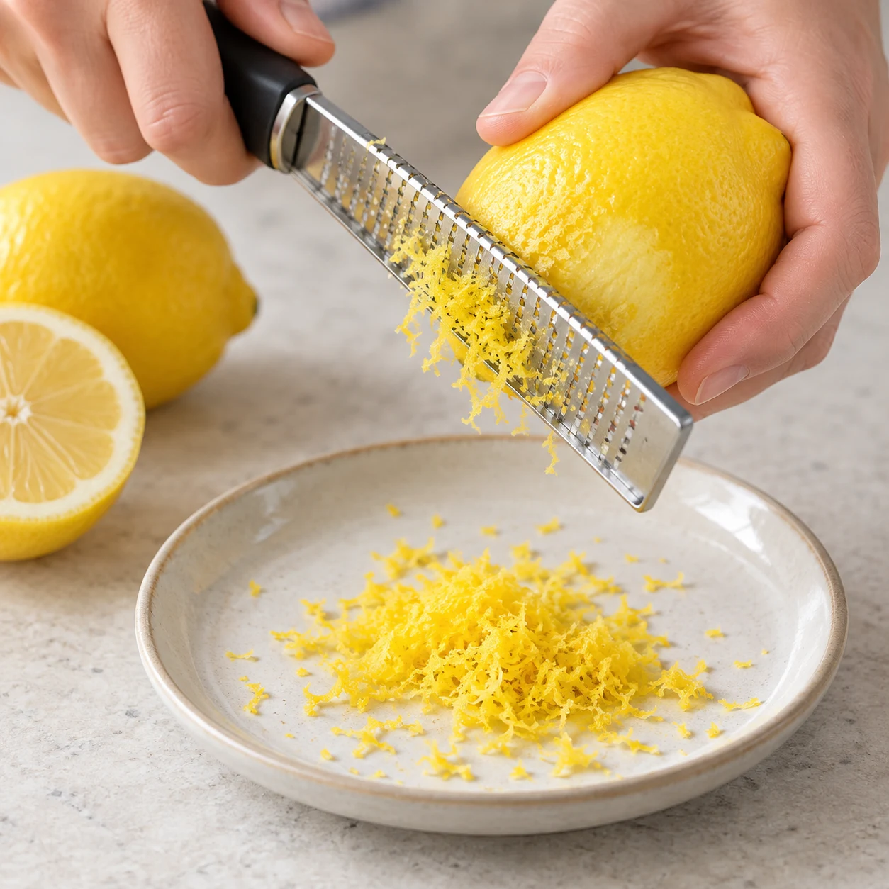 Prélever les zestes. Les râpures sont jaunes, sans morceaux de peau blanche.. Ne montrer que citron à cette phase ; lumière naturelle, mains anonymes sans accessoires, aucun texte ni visage.