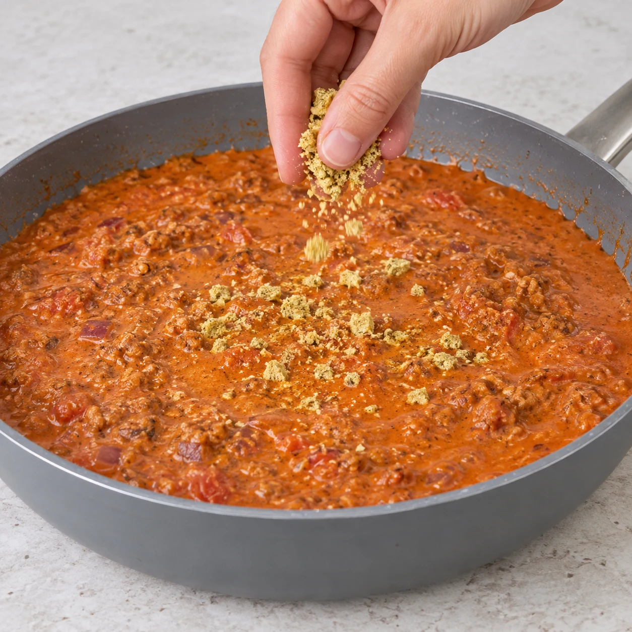 Émiette un cube de bouillon de légumes dans la sauce pour remplacer le cube de bœuf. Montrer seulement les ingrédients de cette phase ; mains anonymes, sauteuse grise et plan de travail pierre pâle.