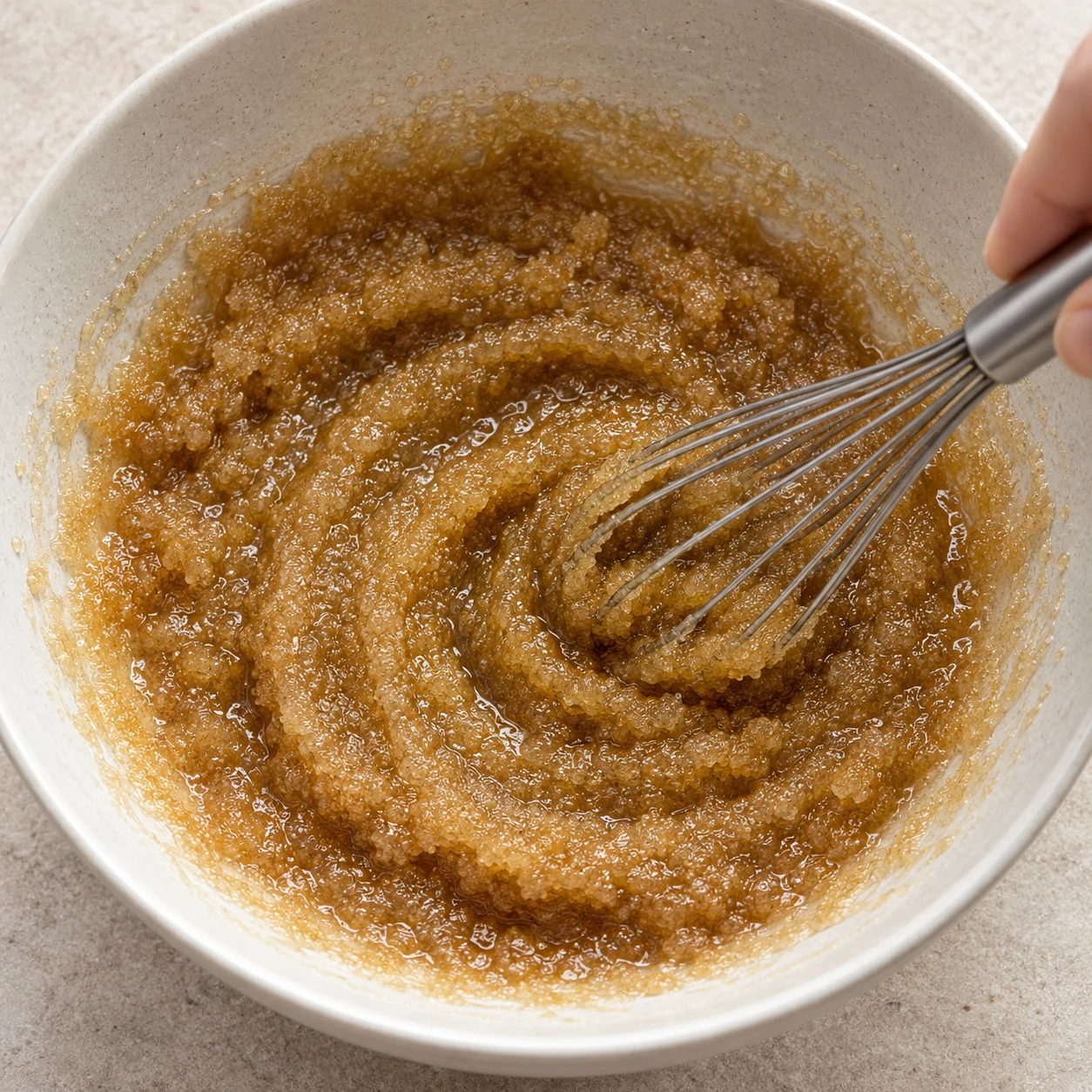Mélange les 165 g d’huile de colza avec les 200 g de vergeoise blonde et les 70 g de sucre blanc dans un saladier. Montrer uniquement le résultat et le geste de cette étape, sans texte ni personne identifiable.