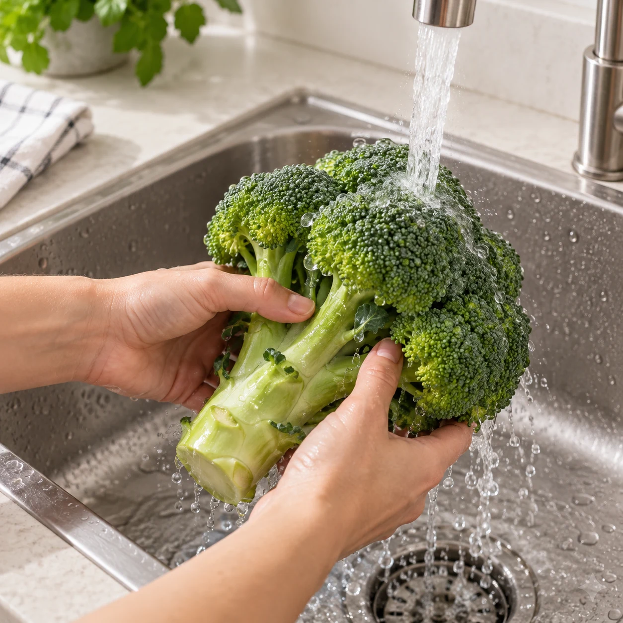 Brocoli frais entier sous un mince jet d’eau froide, dans un évier propre.