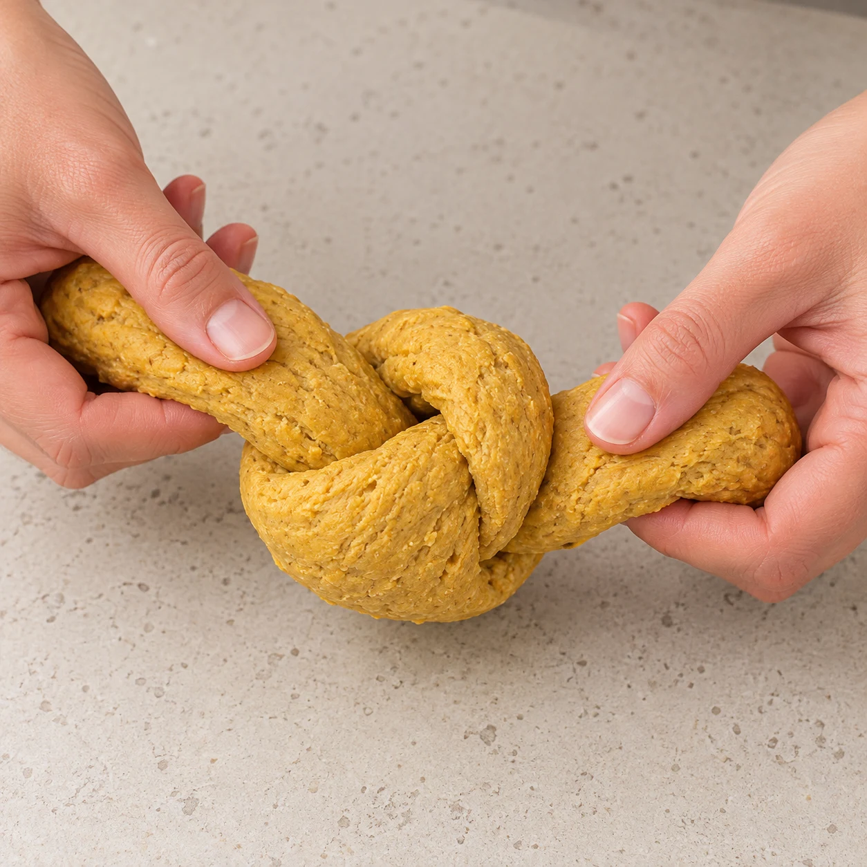 Noue le boudin torsadé comme dans la recette d’origine. Montrer une seule phase, les ingrédients seuls et, si nécessaire, des mains anonymes.