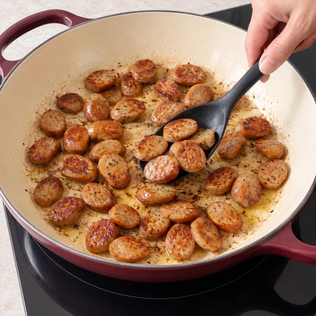 Fais revenir les rondelles de chipolatas dans une grande sauteuse avec un peu d’huile d’olive, en les retournant jusqu’à ce que leurs faces soient dorées.