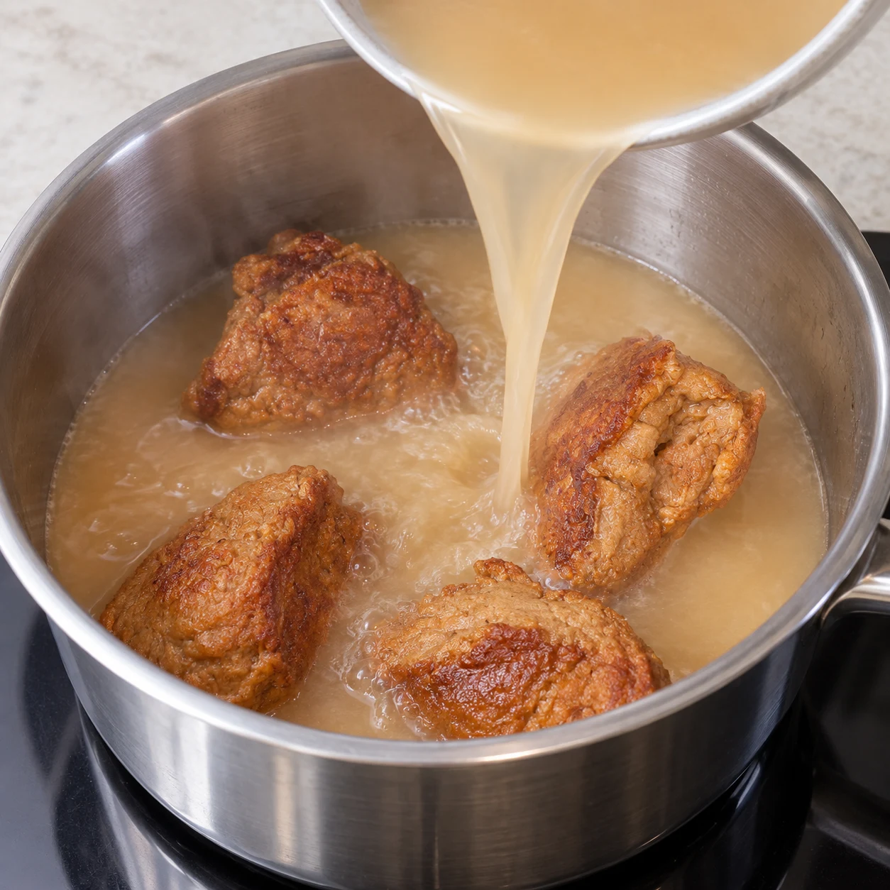 Versez le bouillon au miso sur les pâtons dorés, avec précaution pour éviter les projections. Une seule phase, aucun autre ingrédient.