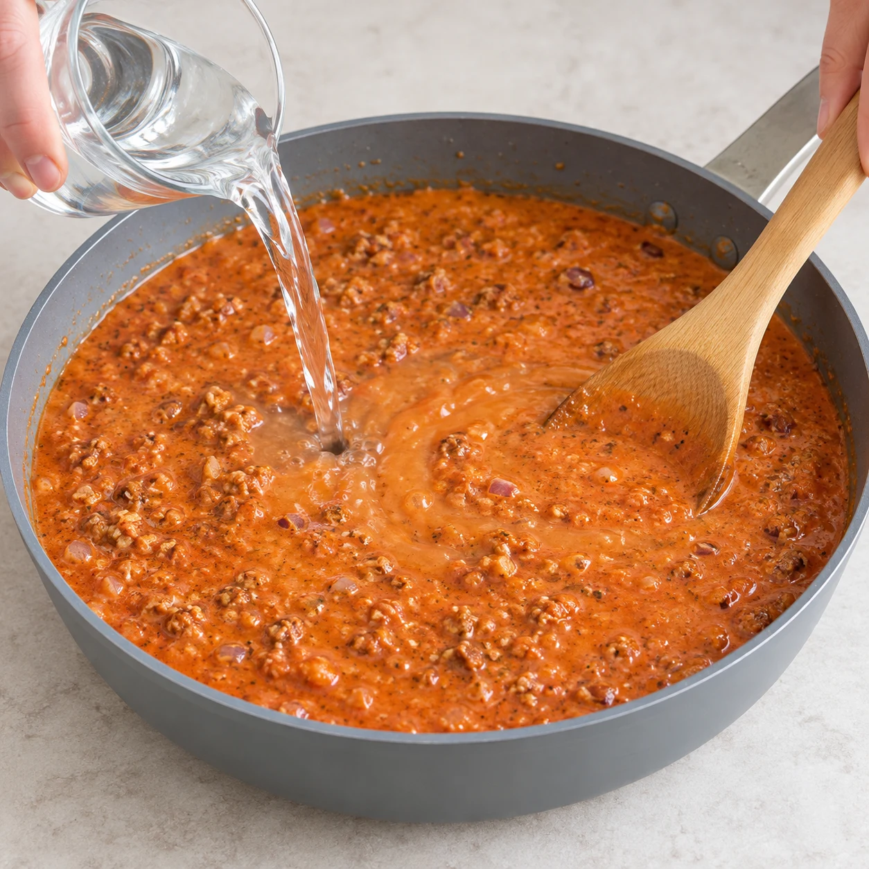 Verse les 300 g d’eau et remue jusqu’à obtenir une sauce fluide. Montrer seulement les ingrédients de cette phase ; mains anonymes, sauteuse grise et plan de travail pierre pâle.