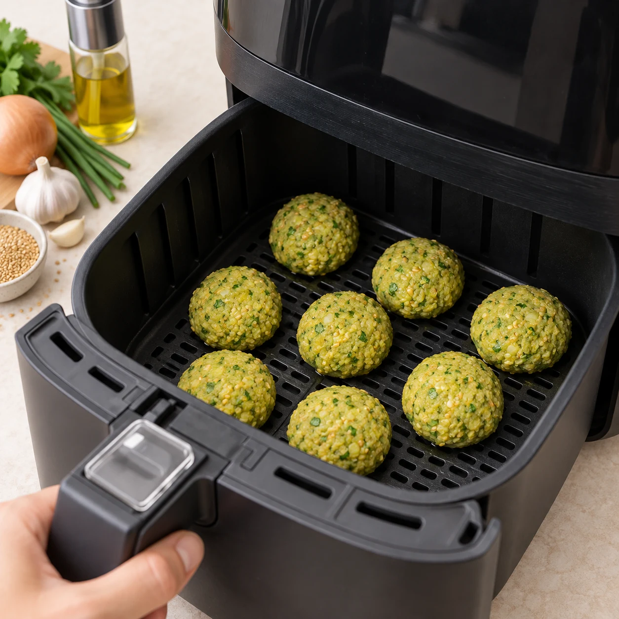 Falafels crus verts légèrement huilés dans le panier ouvert de l’air fryer, au début de la cuisson ; pas déjà dorés.