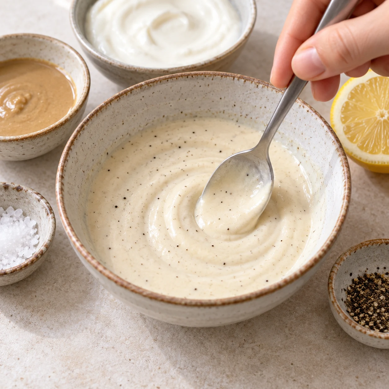 Mélange 20 g de tahini avec 50 g de yaourt de soja nature, un petit peu de sel, de jus de citron et de poivre. Le yaourt de soja remplace le yaourt grec de la recette d’origine. Une seule phase, ingrédients de la variante uniquement.