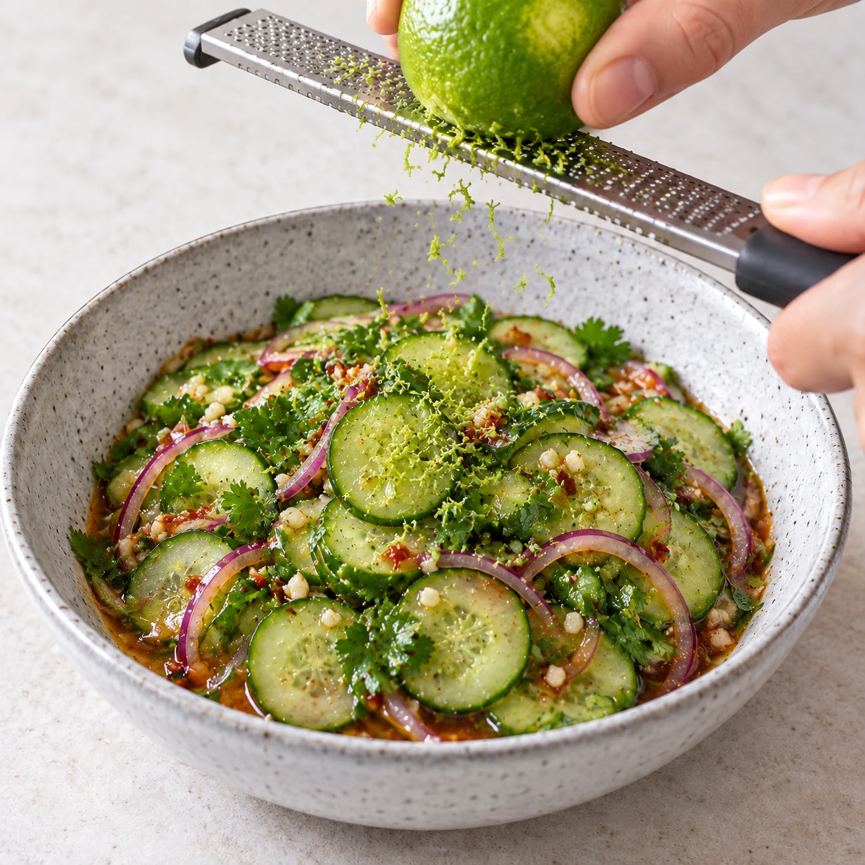Râpe fine et citron vert au-dessus de la salade assaisonnée, sans graines de sésame.