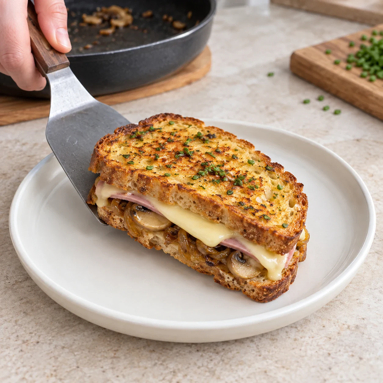 Une spatule dépose le croque doré sur une assiette blanche, sans accompagnement.