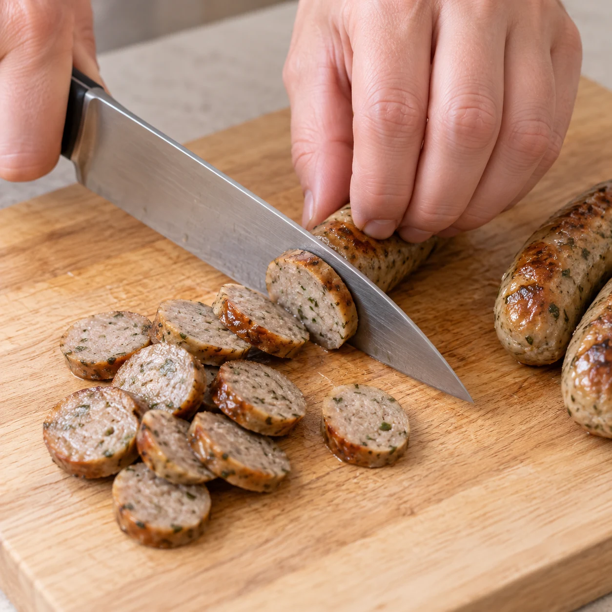 Chipolatas végétales aux herbes en rondelles, prise en griffe.