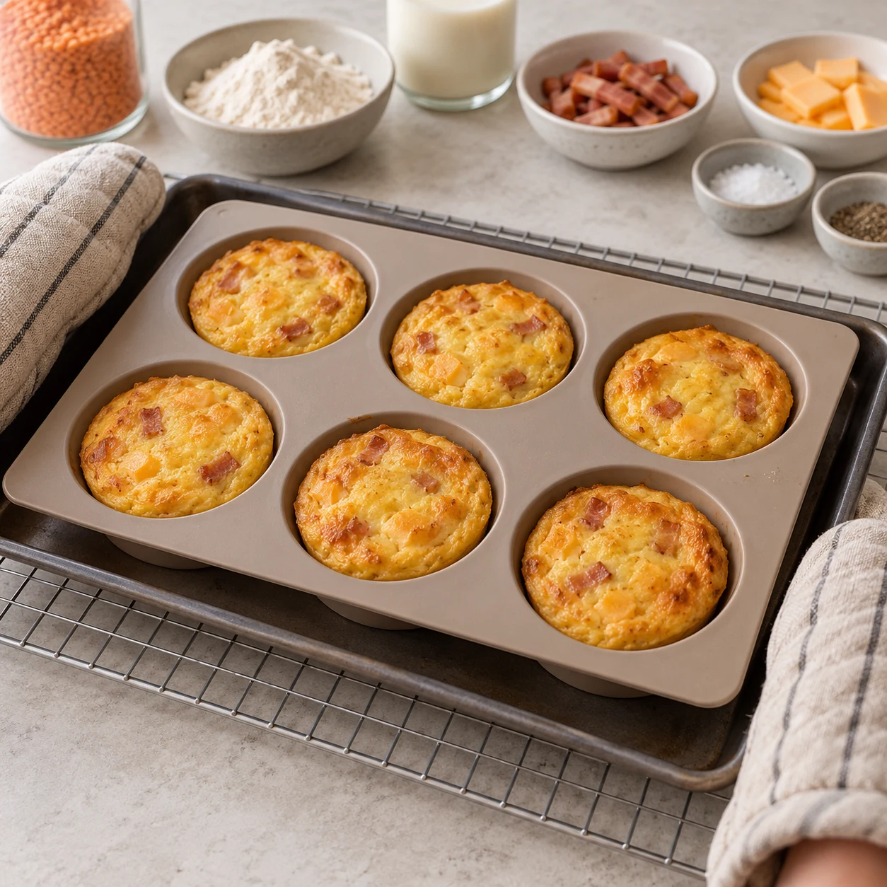 Six mini-quiches dorées encore dans leurs empreintes, sur une grille de refroidissement.