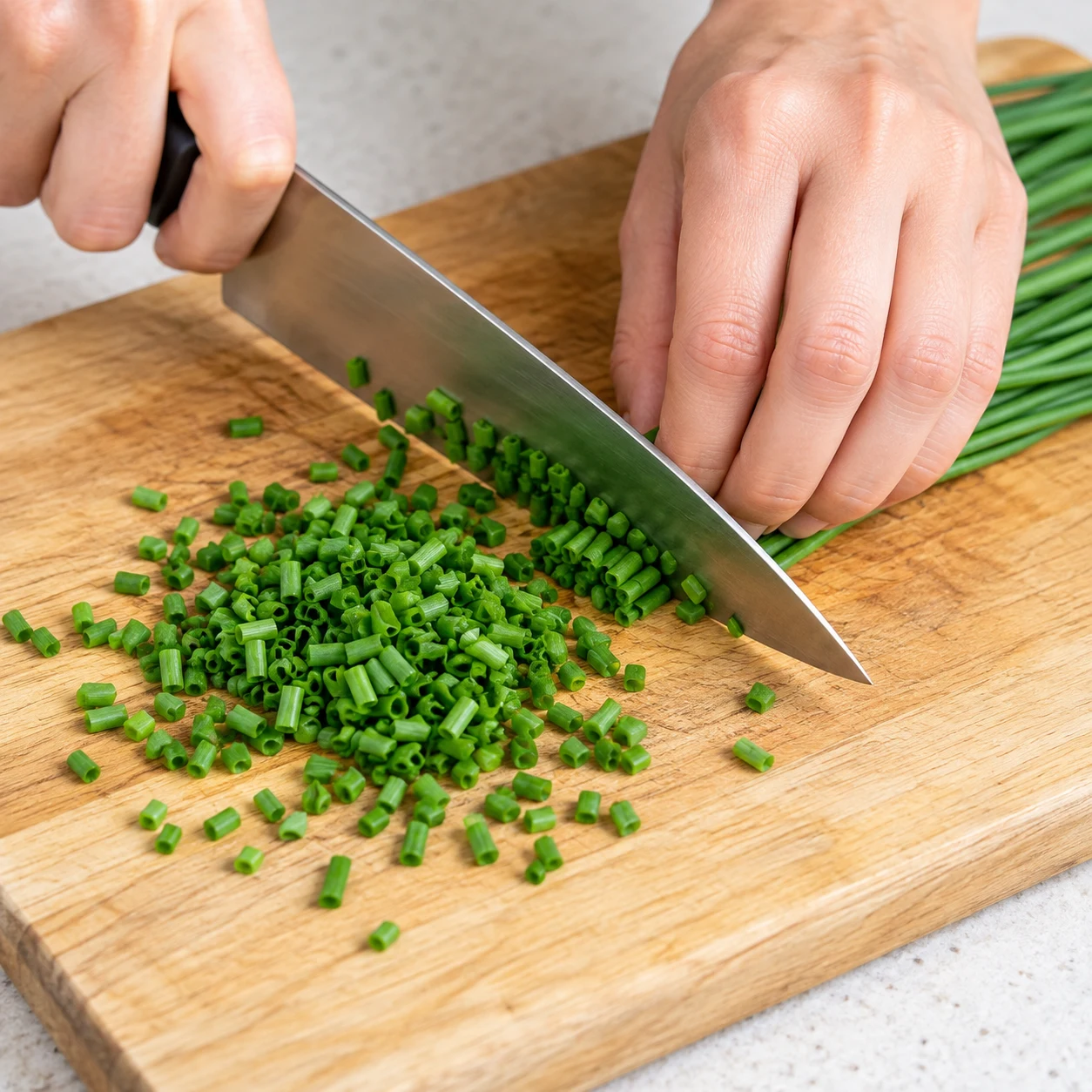 Ciboulette fraîche ciselée en petits tronçons verts sur une planche, mains anonymes et outil tenu sûrement.