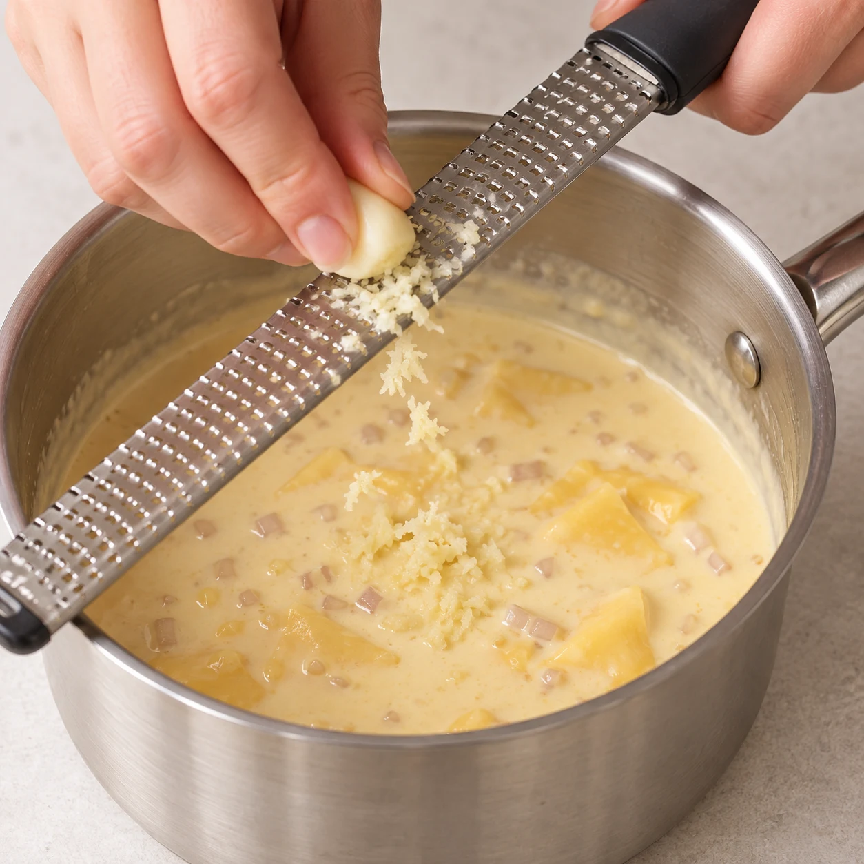 Râpage d’une gousse d’ail au-dessus de la sauce végétale légèrement jaune, saveur cheddar.