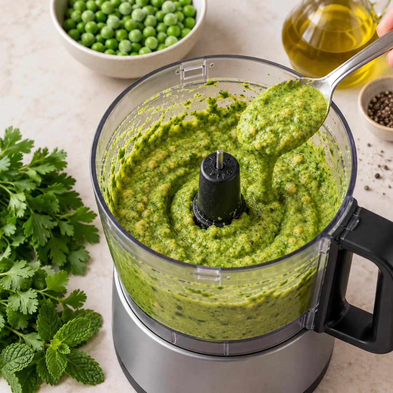 Mixer la sauce verte. La purée est verte, onctueuse et suffisamment épaisse pour napper les légumes. Une seule action, cadrage carré, aucun texte ni personne identifiable.