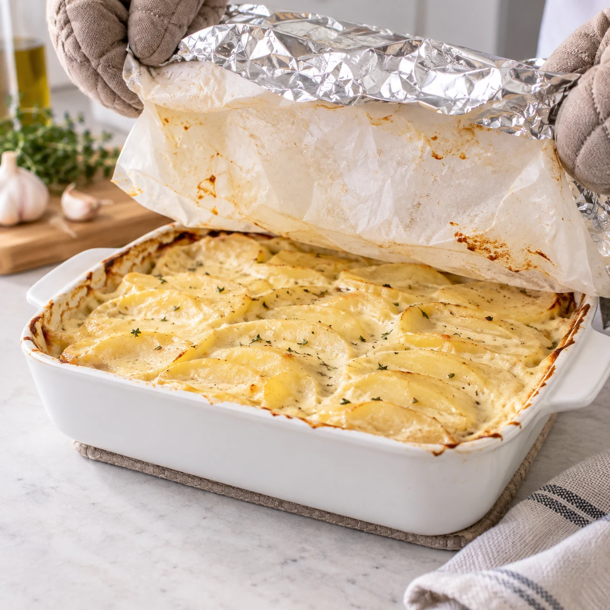 Mains protégées par des maniques retirant papier cuisson et aluminium d’un gratin de pommes de terre crémeux cuit, sans garniture de lanières végétales supplémentaire. Les tranches végétales façon cheddar sont orangées ; aucune matière laitière.