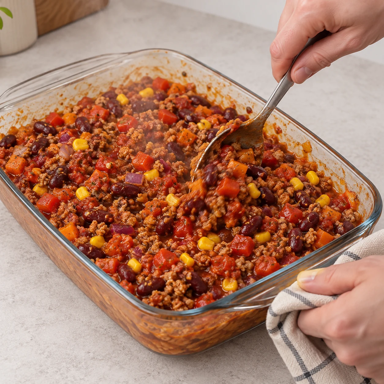 Cuillère remuant le chili chaud après la première cuisson, sans aluminium, sauce encore humide.