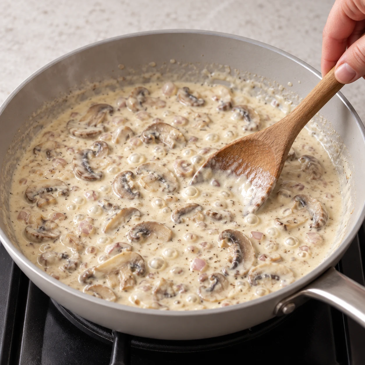 Sauce blanche crémeuse aux lamelles de champignons frémissant doucement.