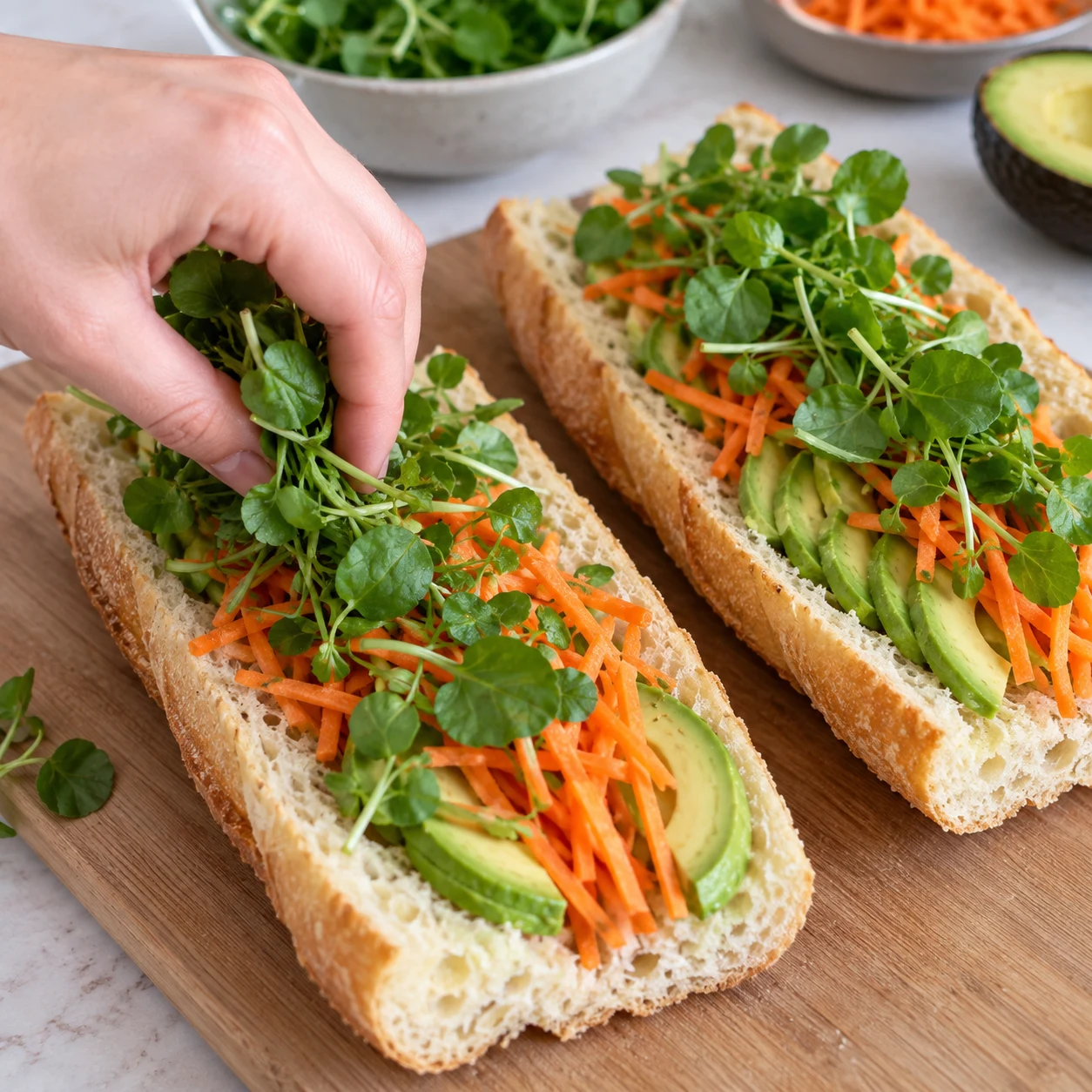 Une seule photographie carrée montrant : garnir de légumes. Chaque sandwich contient de l’avocat, de la carotte et du cresson. Seulement les ingrédients de cette étape, aucun ingrédient futur.