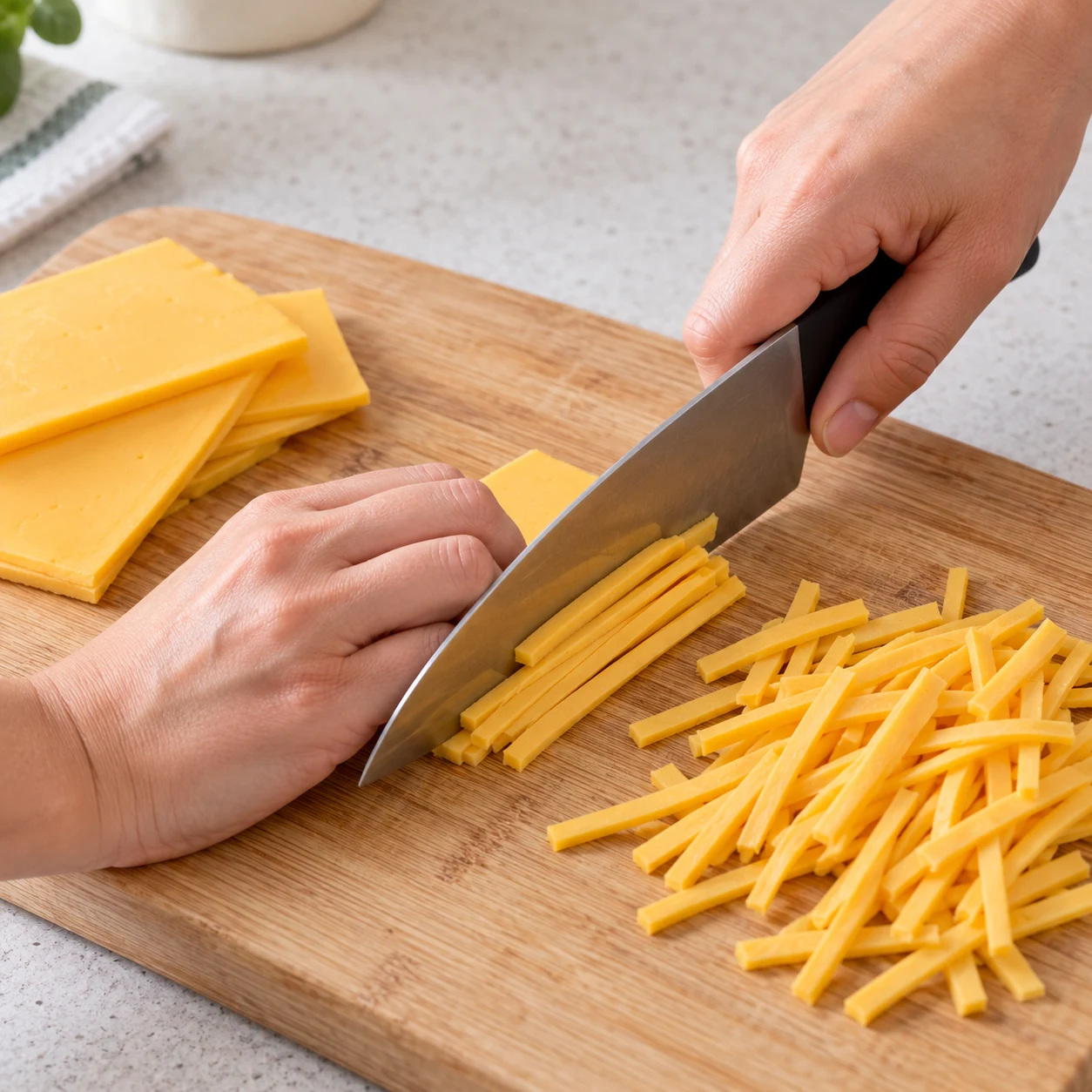 Découpe sûre de tranchettes végétales jaune-orange en fines lanières sur planche stable, couteau et doigts repliés.