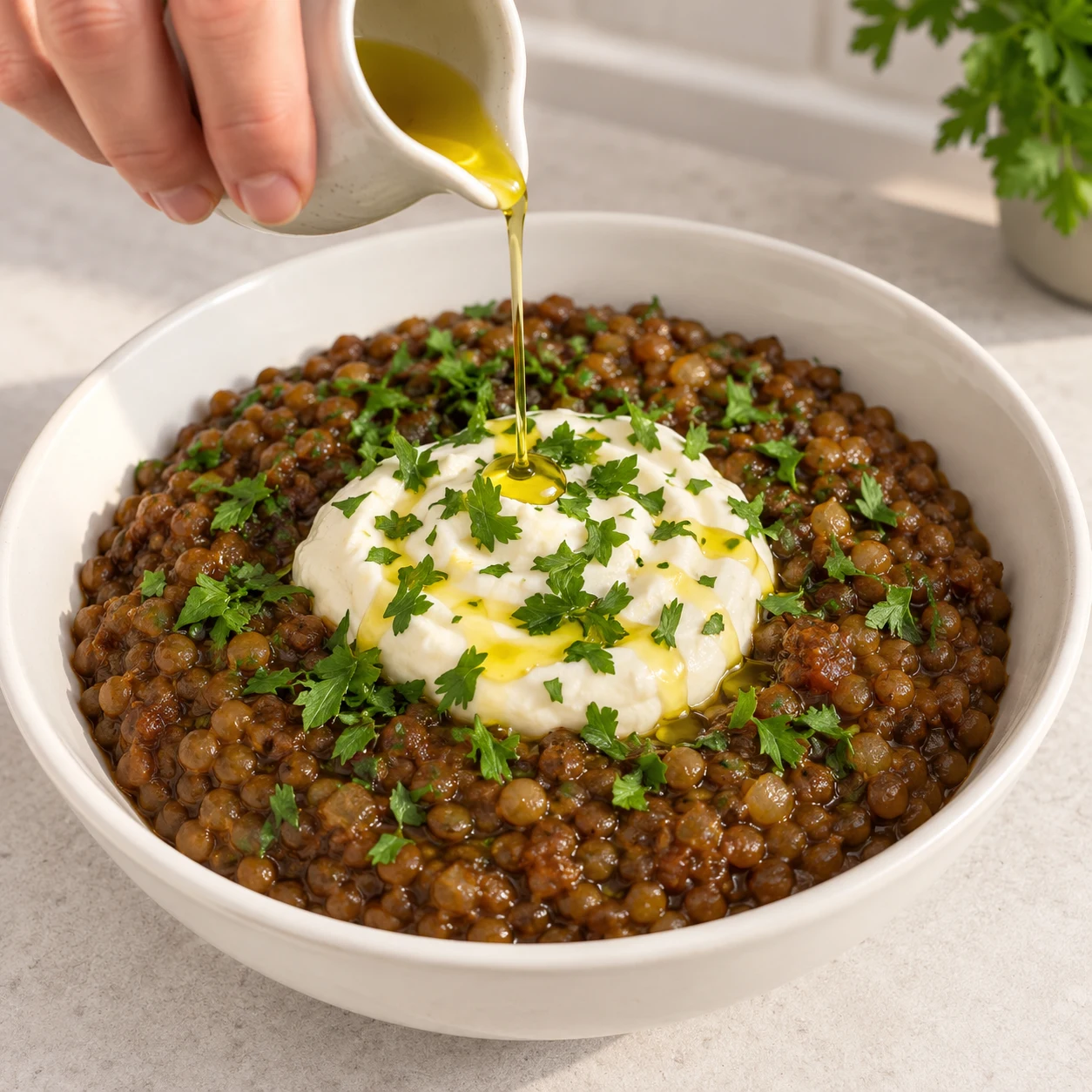 Plat de lentilles fondantes avec yaourt de soja nature, persil et léger filet d’huile.
